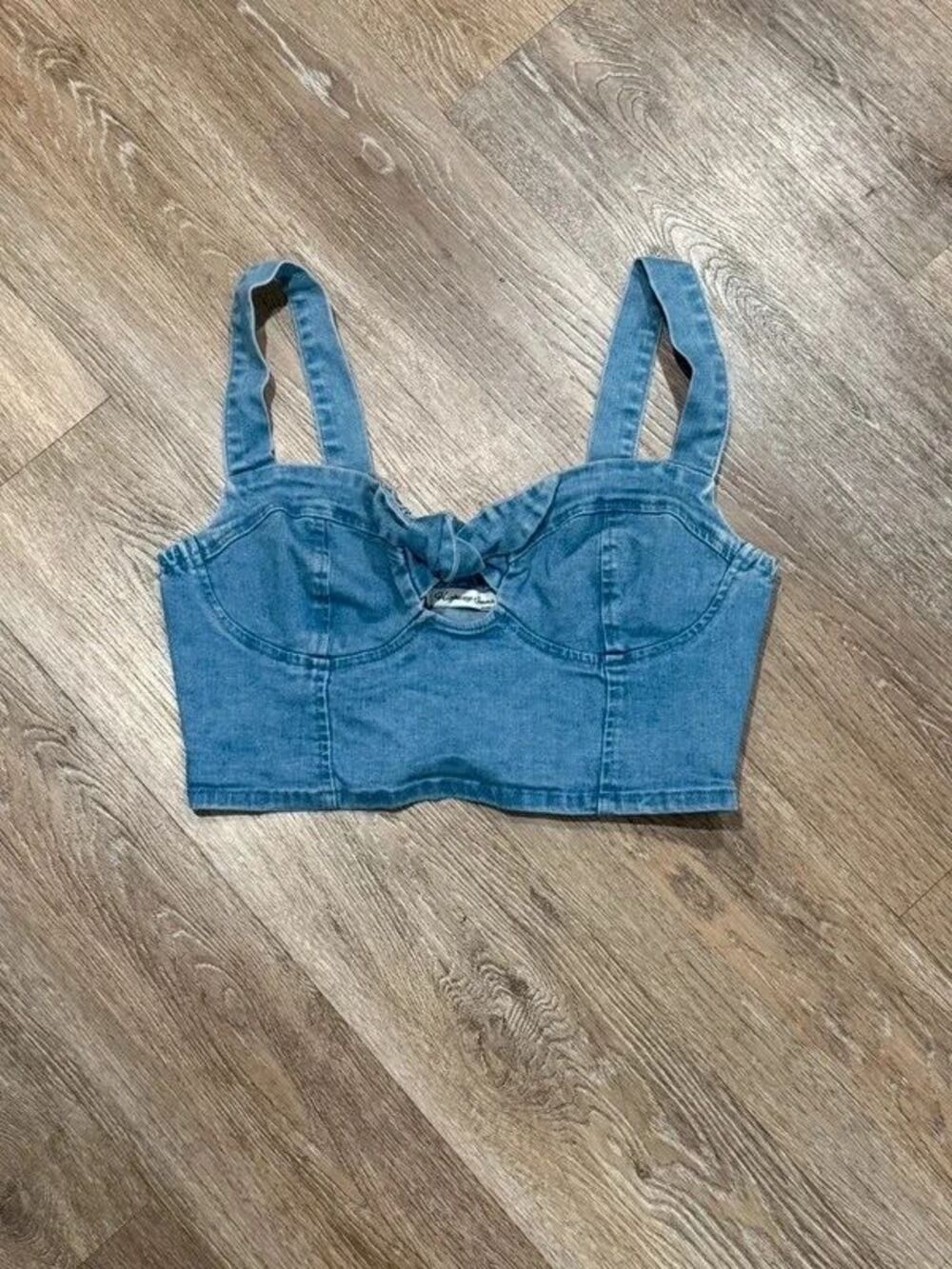 Denim Bustier Crop Top Keyhole Sweetheart Neck Medium Wash Bralette- Large